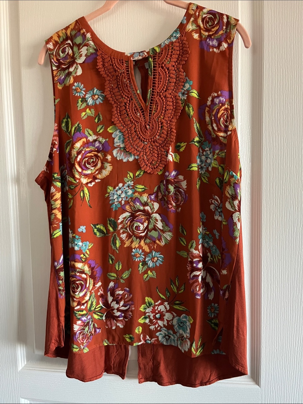 Daniel Rainn Rust Floral Tank with Crochet Bib